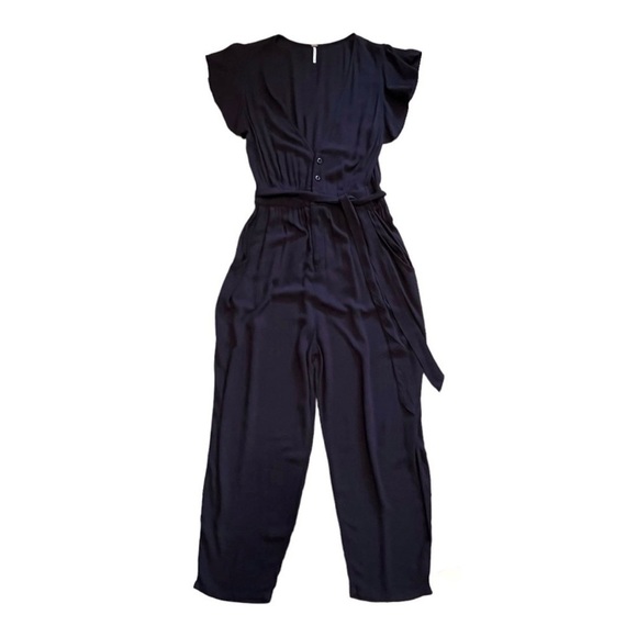 Free People Ruffle Your Feathers Deep V Flutter Sleeve Jumpsuit Black XS - Picture 7 of 13